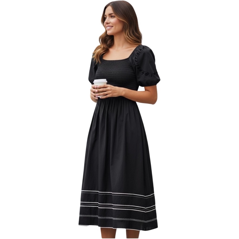 Kate Spade Ric Rac Riviera Black Puff Sleeve Smocked Midi Dress Large - Picture 15 of 15